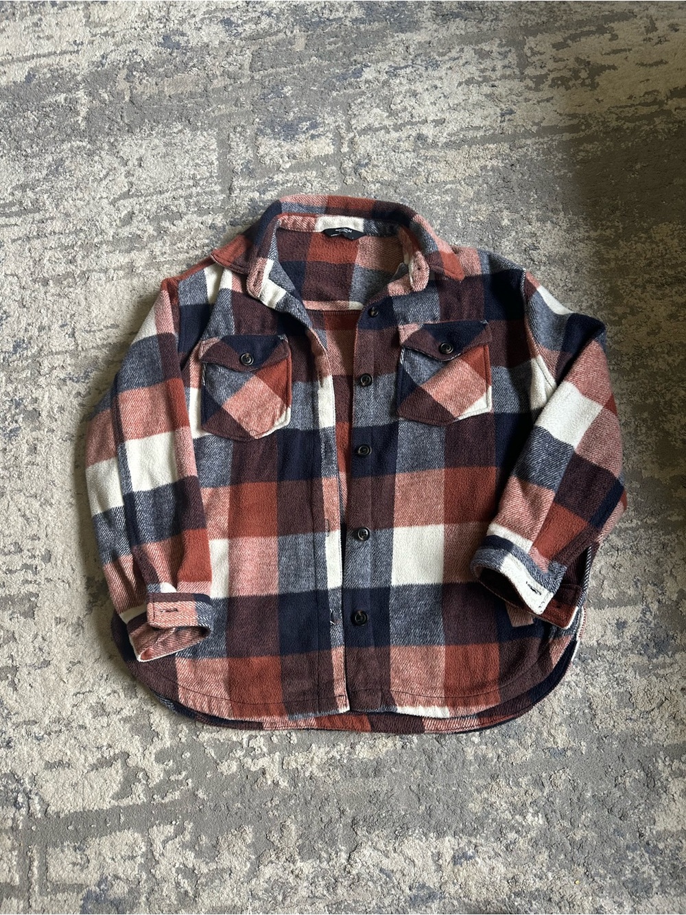 Cozy Plaid Button-Up Shirt Jacket in Rust, Navy & Cream Members Mark Shacket L